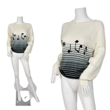 1970's White Striped Music Notes Pull Over Acrylic Sweater I Sz Lrg I Cyn Les -Shirlee Designs 