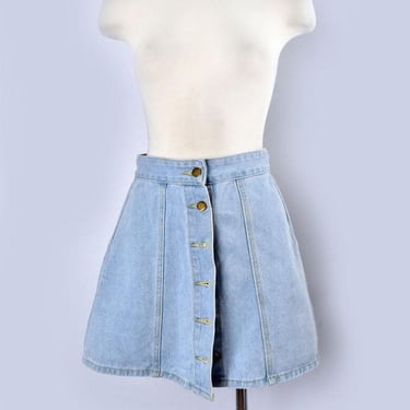 1970's Blue Jean Denim Hippie Mini Skirt, Metal buttons, A Line Short Skirt Boho 