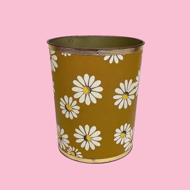 Vintage Pearl Wick Trash Can Retro 1960s Mid Century Modern + Daisy Flowers + Wastebasket + Bathroom Decor + MCM Floral Storage + 