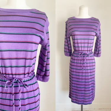 Vintage 1980s Purple Striped Jersey Dress / S 