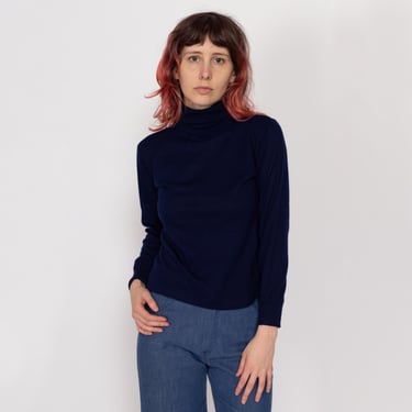 Petite XS 70s Navy Blue Turtleneck | Vintage Plain Lightweight Soft Knit Pullover Sweater Top 