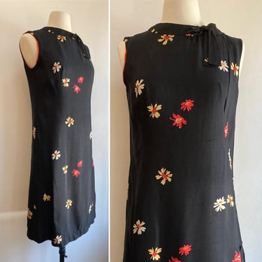 Vintage 60s Dress / Floral SILK MOD Shift Dress / Neck Bow + Side Button Pleat Detail / Shannon Rodgers for Jerry Silverman 