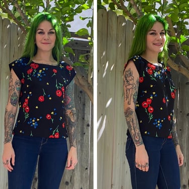 Vintage 1970’s Black Floral Top by Sears 