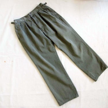 Vintage 80s Abercrombie and Fitch Side Cinch Cotton Chino Trouser Pants Drab Olive Green Gray Baggy 34 Waist - Workwear Military 