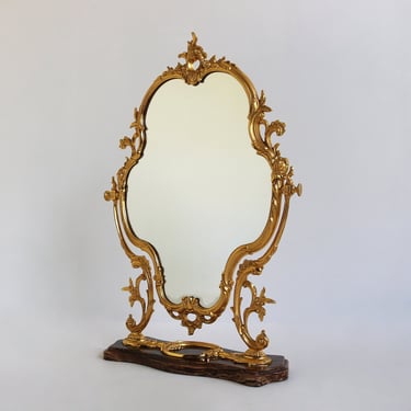 Mid-century Ornate Gilded Casted Brass Brown Marble Vanity Mirror Dressing Tabletop Mirror Gold Romantic 1960 Classic Antique Style Folding 