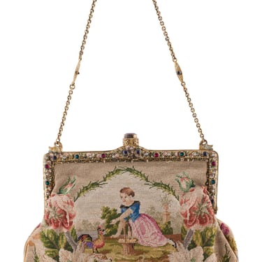 Antique 1920s Scenic Petit Point Tapestry Bejeweled Frame Bag 