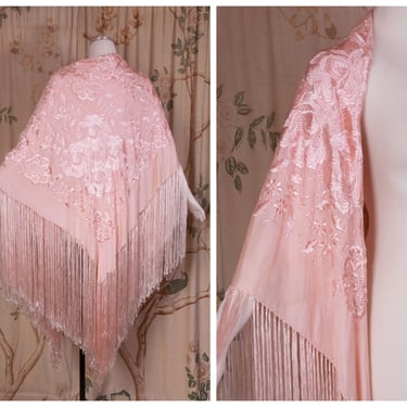 1920s Piano Shawl - Elegant Vintage 20s Large Pink Silk Floral Embroidered Piano Shawl Mantila with Decadently Long Fringe Trim 