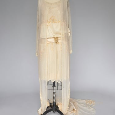 1920s ivory silk wedding dress with matching train XS 