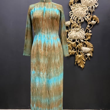 1990s maxi dress, cheongsam, tie dyed, vintage asian dress, high side slits, aqua and olive green, mandarin collar, small, long sleeve, 34 