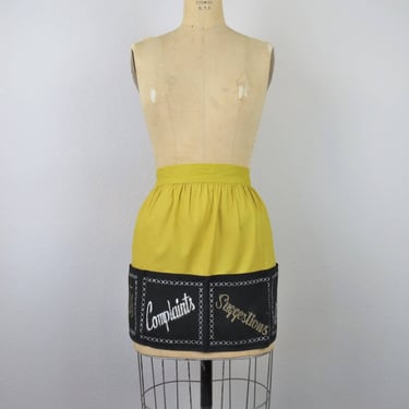 1950s half apron novelty print, tips, complaints, suggestions, compliments 