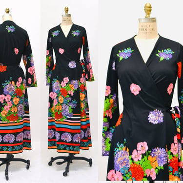 Vintage 70s Floral Scarf Print Wrap Dress by Aremis Made In Italy 1970s Designer Floral Printed Wrap Dress Black Long Sleeve Dress Medium 