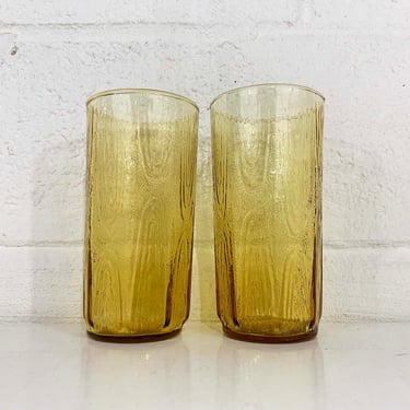Vintage Anchor Hocking Large Glasses Tumblers Set of 2 Water Glass Barware Bar Amber Yellow Glass Woodgrain Highball 1960s 
