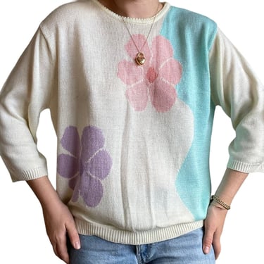 Vintage 80s Womens Lady Devon Hippie Boho Floral Pastel Crewneck Spring Sweater 
