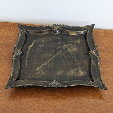 Hammered Ornate Square Brass Footed Tray 