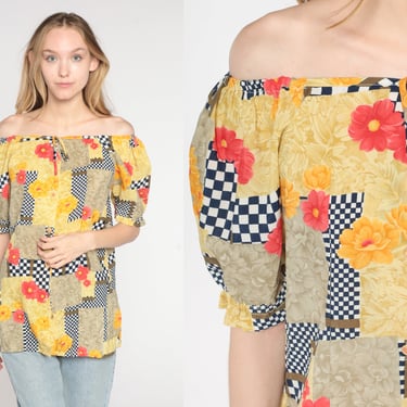 Floral Peasant Blouse 90s Off Shoulder Top Patchwork Shirt Puff Sleeve Checkered Hippie Retro Bohemian Summer Vintage 1990s Yellow Medium 