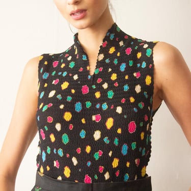 1990s Dotted Pleat Top with Notch Collar 