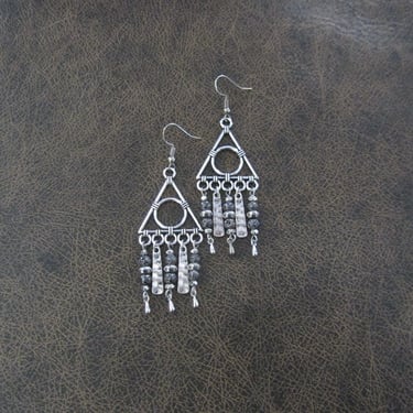 Gray lava rock and etched silver chandelier earrings 