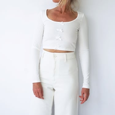 Vintage Ballerina White Ribbed Bows Cropped Shirt | Rib Knit Long Sleeve Layer Crop Top | Wide Open Neck Shirt 