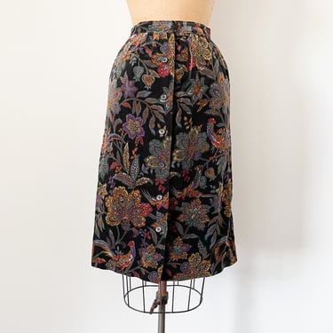 Vintage 1970s ‘80s floral foulard & pheasant print velvet skirt | high waisted skirt, birds and flowers, XS 