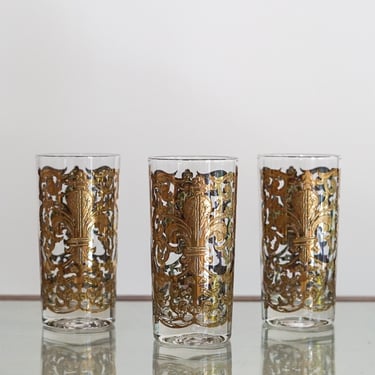 High Balls, 22k Gold fleur de leif  set of 3, Vintage Glassware VTG Bar, Mid Century  MCM Vintage Glassware 