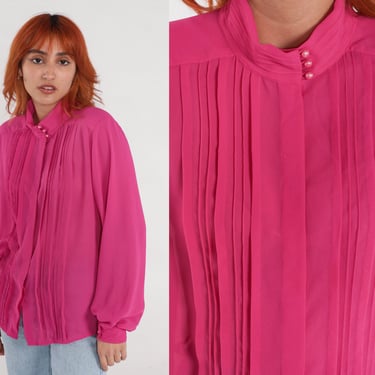 Vintage Chiffon Blouse 80s Fuchsia Blouse Top Pleated Shirt 1980s Long Sleeve Shirt Button Up Sheer Formal Party Draped Medium Large 