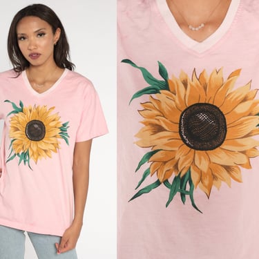 Sunflower Shirt 90s Floral T-Shirt Baby Pink Flower Graphic Tee Ringer V-Neck Tshirt Girly Gardening Pastel Vintage 1990s Small Medium xs 