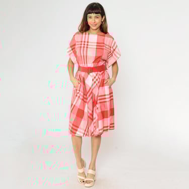 Vintage 80s Red Plaid Day Dress Checkered Midi Dress Retro High Waisted Belted Cap Sleeve Feminine Plaid 1980s Pockets Medium M 