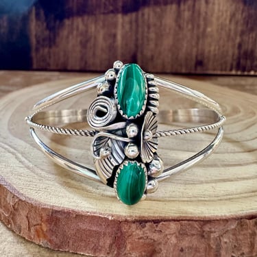 MALACHITE FLORAL GARDEN Sterling Silver Cuff | Dainty Bracelet | Most Likely Navajo | Southwestern Jewelry | 12g 