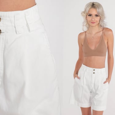 White Pleated Shorts 90s Trouser Shorts High Waisted Rise Preppy Retro Wide Leg Summer Bottoms Basic Plain Mom Cotton Vintage 1990s Small 4 