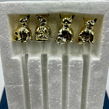 Vintage Culver Gold Tone Cat Stir Swizzle Sticks, Set of 4, IOB, In Original Box, Vintage Retro Bar Barware Drinkware, Cocktail Accessory 