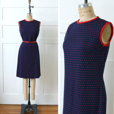 vintage 1960s shift dress • cute double knit navy blue & red polka dot scooter dress 