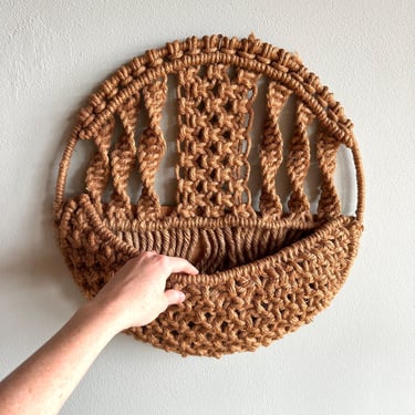 Vintage 1970s macrame jute wall pocket / 20