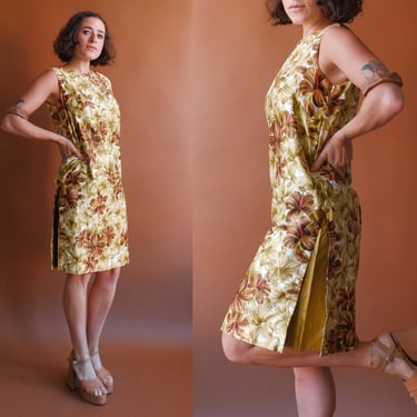 Vintage 70s Hawaiian Tiki Shift Dress with Side Slits/ Size Medium 