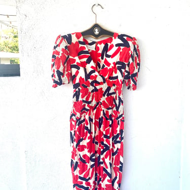 Vintage 80s Silk Dress Red White Blue Strong Shoulder 1980s 