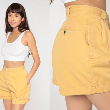 90s Pleated Shorts Yellow Liz Claiborne Mom Shorts High Waisted Retro Trouser Cotton Summer Bottoms High Waist Vintage 1990s Small 28 