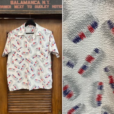 Vintage 1950’s Atomic Pattern Cotton Seersucker Loop Collar Short Sleeve Rockabilly Shirt, 50’s Vintage Clothing 