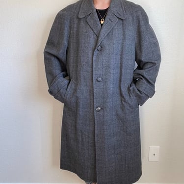 Vintage Mens 80s Gray 100% Wool Plaid Unstructured Long Trench Coat Sz L 