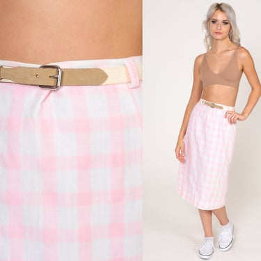 Pink Gingham Skirt 60s Midi Skirt High Waisted Belted Checkered Print Pencil Wiggle Skirt Retro Preppy Sixties Vintage 1960s Extra Small XS 