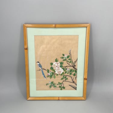 Vintage Mid-Century Japanese Painting on Linen Bird Scene 