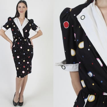 Marilyn Monroe Black Cocktail Dress, Vintage Polka Dot Mini, Puff Sleeve Pencil Skirt 