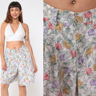 90s Floral Shorts White Pleated Trouser Shorts 80s High Waisted Wide Leg Shorts Flower Print Loose Red Purple Green Vintage 1990s Medium 