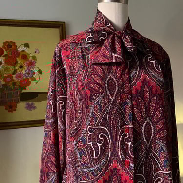 Vintage 70s Fall Tie Front Long Sleeve Paisley Blouse; 70s Secretary Bow Blouse; 70s Western Pussy Bow Blouse 