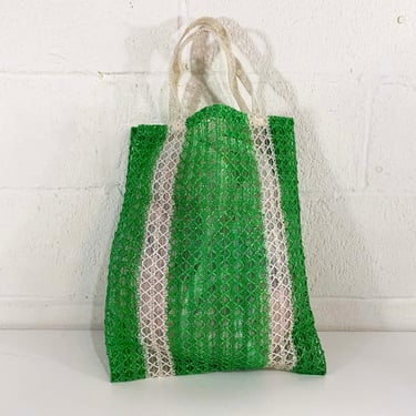 Vintage Green White Woven Tote Travel Bag Carry On Train Case Travel 1970s 70s Vacation Canvas Tote Briefcase Striped Beach Market 