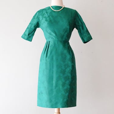 Fabulous 1960's Emerald Brocade Holiday Wiggle Dress / Sz XS