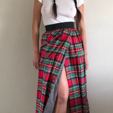 70s Ellen Tracy silk maxi skirt / vintage red tartan plaid silk taffeta wrap around apron hostess long maxi skirt | Small 