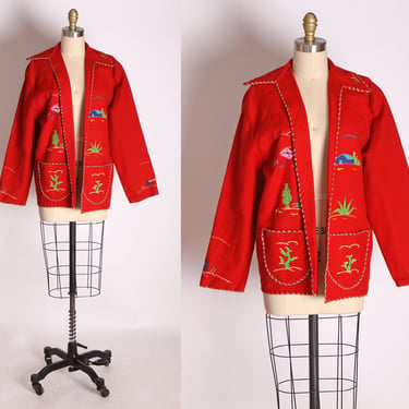 1950s Dark Red Wool Felt Novelty Embroidered Mexican Mexico Jacket -L 