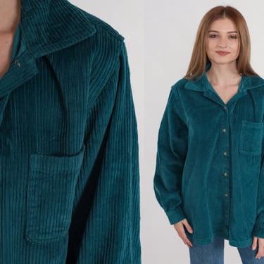 Teal Green Corduroy Shirt 90s Button Up Top Long Sleeve Boyfriend Casual Blouse Basic Plain Retro Vintage 1990s Princess Cruises Medium M 