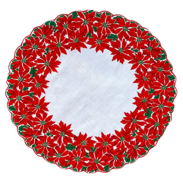 Vintage Christmas Poinsettia Handkerchief – Red & Green Round Holiday Hankie with Scalloped Rolled Edge, Collectible Festive Keepsake Hanky 