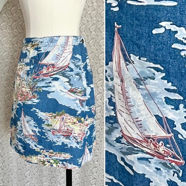 Sailboat Print Skort, Denim Wrap Skirt, High Waist, Nautical Sporty, Vintage 80s 90s 