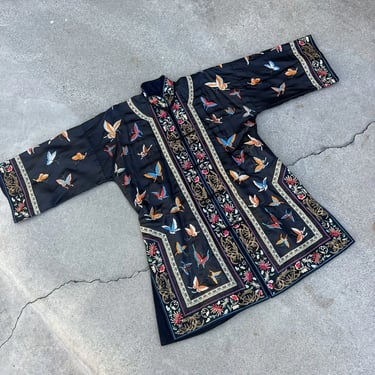 Antique Chinese Black Silk Robe Embroidered Butterflies Flowers  Gold Embroidery